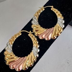 Gold Filled Tri Color Plated Scalloped Hollow Hoop Earrings